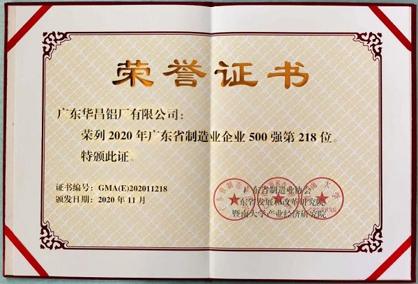 南宫NG28铝业上榜“2020年广东省制造业企业500强”